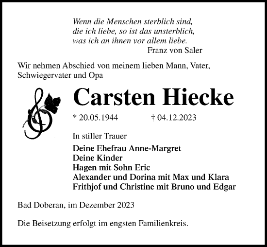 Traueranzeige von Carsten Hiecke von Ostsee-Zeitung GmbH