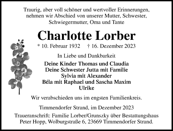 Traueranzeige von Charlotte Lorber von Lübecker Nachrichten