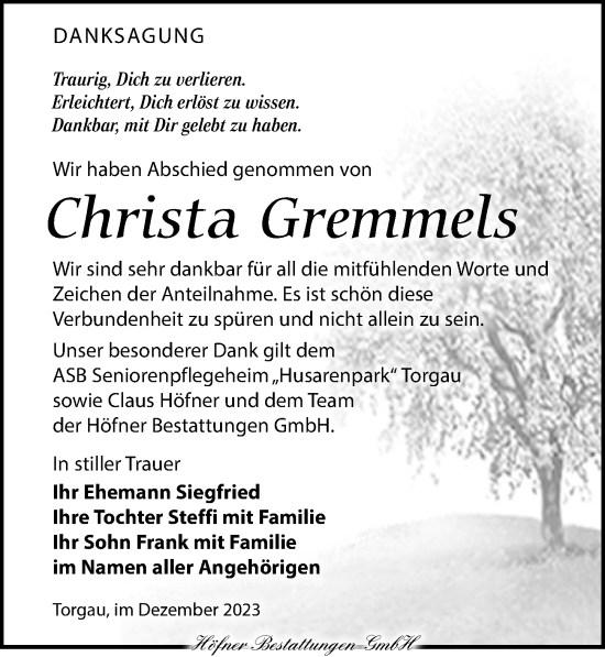 Traueranzeige von Christa Gremmels von Torgauer Zeitung