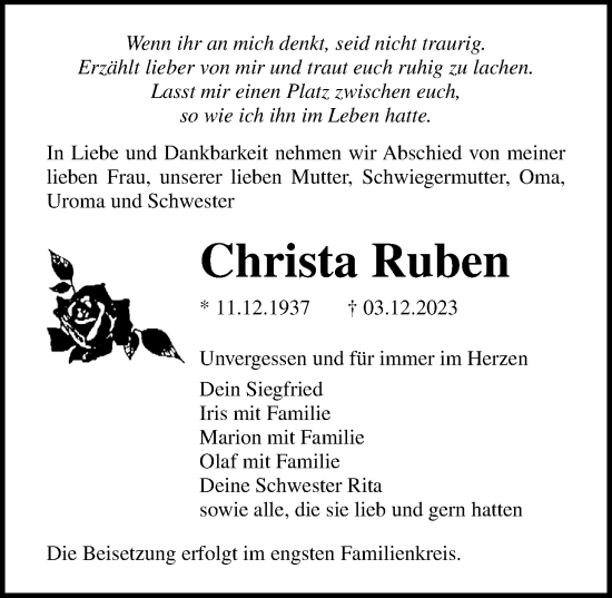 Traueranzeige von Christa Ruben