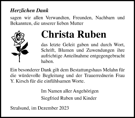 Traueranzeige von Christa Ruben