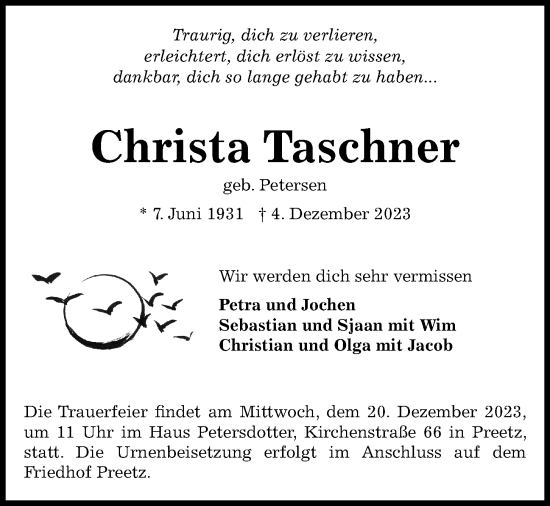 Traueranzeige von Christa Taschner von Kieler Nachrichten