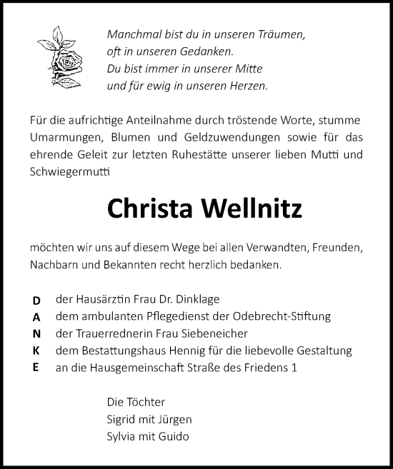 Traueranzeige von Christa Wellnitz von Ostsee-Zeitung GmbH