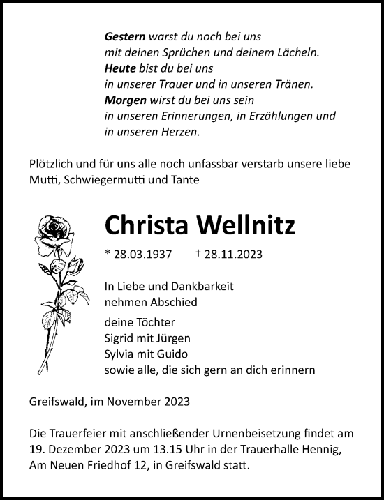 Traueranzeige von Christa Wellnitz von Ostsee-Zeitung GmbH