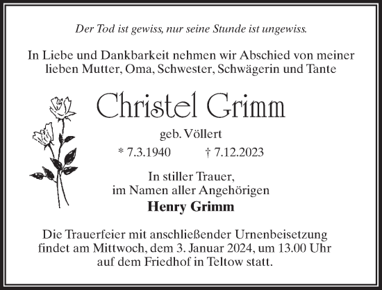 Traueranzeige von Christel Grimm von Märkischen Allgemeine Zeitung