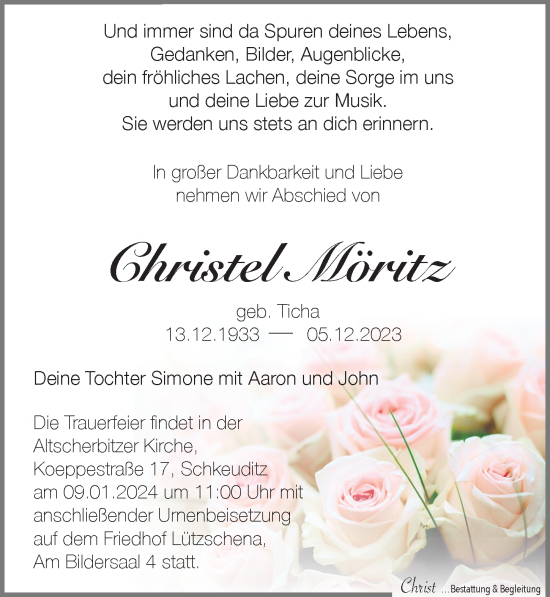 Traueranzeige von Christel Möritz von Leipziger Volkszeitung