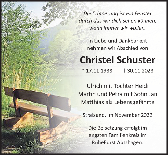 Traueranzeige von Christel Schuster