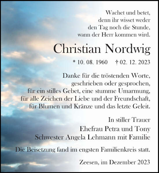 Traueranzeige von Christian Nordwig von Märkischen Allgemeine Zeitung