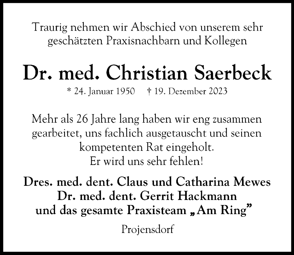  Traueranzeige für Christian Saerbeck vom 23.12.2023 aus Kieler Nachrichten