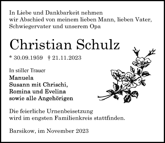 Traueranzeige von Christian Schulz von Märkischen Allgemeine Zeitung