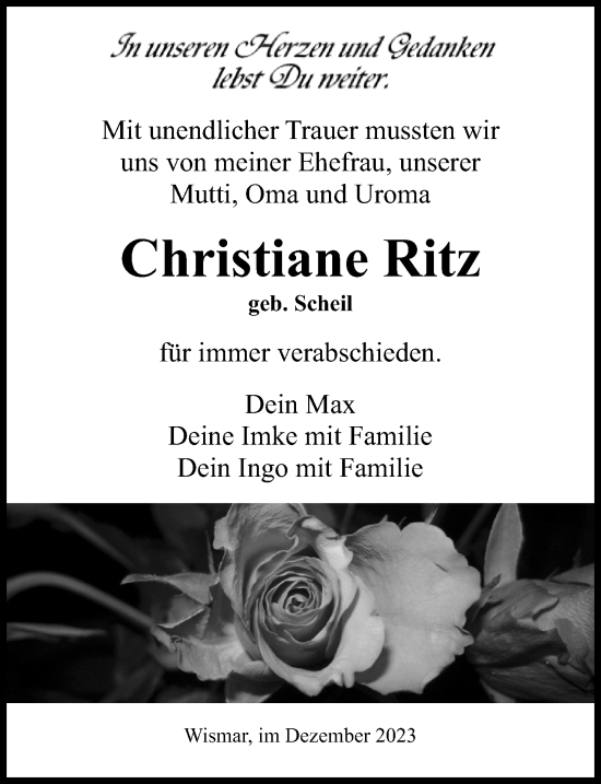 Traueranzeige von Christiane Ritz von Ostsee-Zeitung GmbH