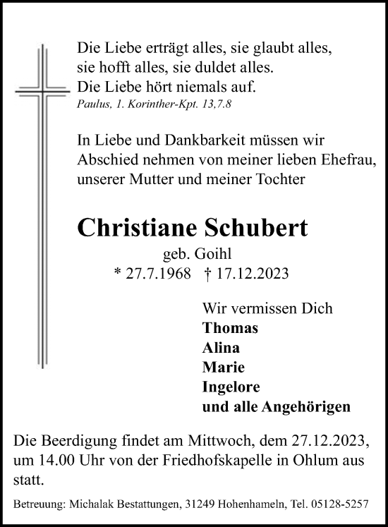 Traueranzeige von Christiane Schubert von Peiner Allgemeine Zeitung