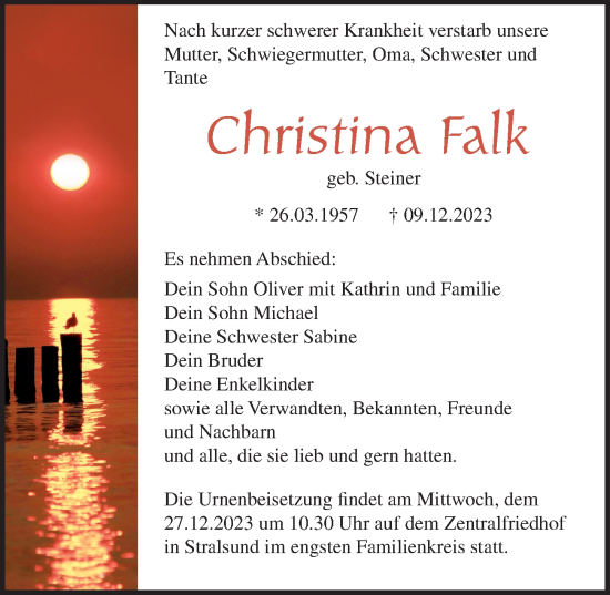 Traueranzeige von Christina Falk