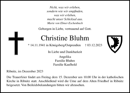 Traueranzeige von Christine Bluhm von Ostsee-Zeitung GmbH