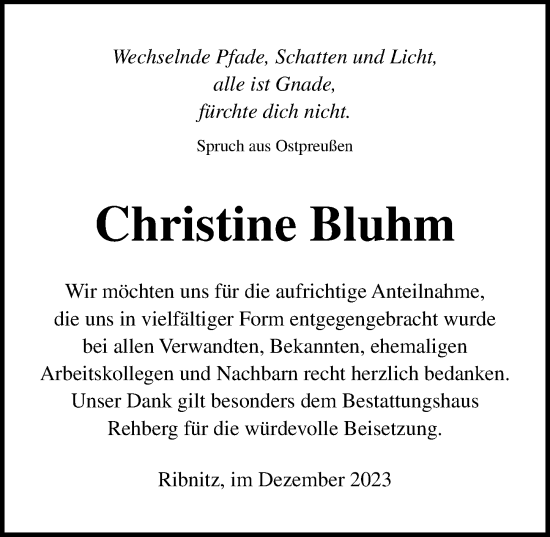 Traueranzeige von Christine Bluhm von Ostsee-Zeitung GmbH