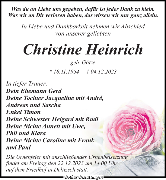 Traueranzeige von Christine Heinrich von Leipziger Volkszeitung