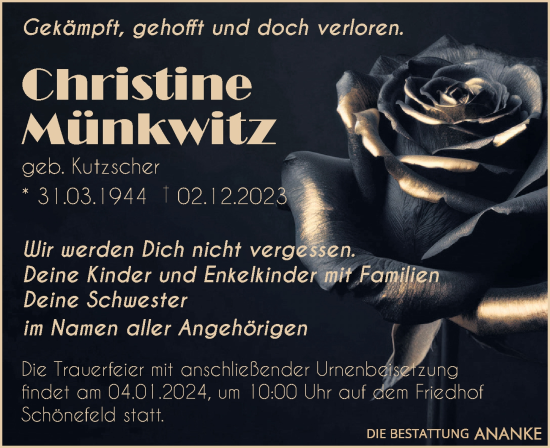 Traueranzeige von Christine Münkwitz von Leipziger Volkszeitung