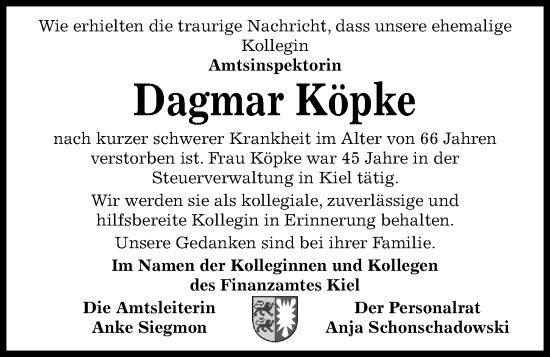 Traueranzeige von Dagmar Köpke von Kieler Nachrichten