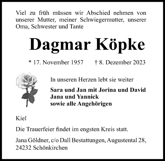 Traueranzeige von Dagmar Köpke von Kieler Nachrichten