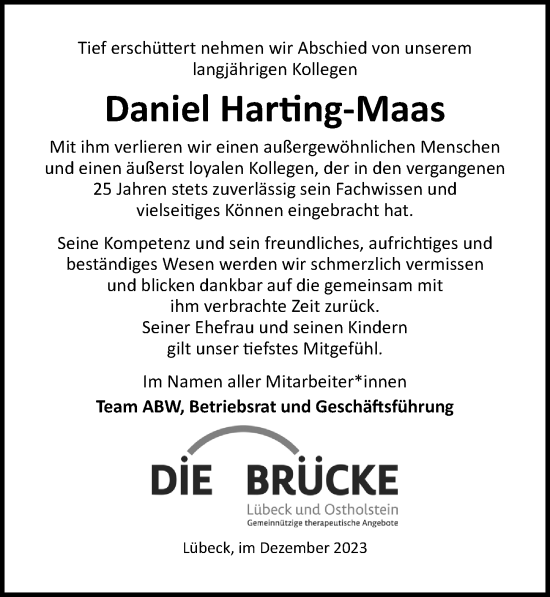 Traueranzeige von Daniel Harting-Maas von Lübecker Nachrichten