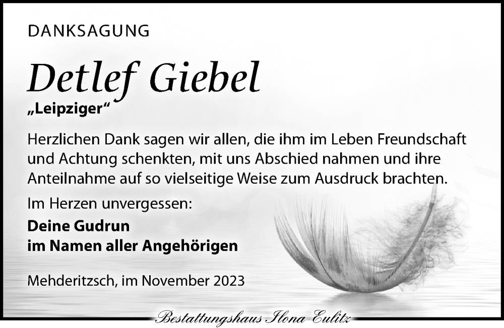  Traueranzeige für Detlef Giebel vom 16.12.2023 aus Torgauer Zeitung
