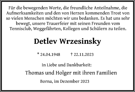 Traueranzeige von Detlev Wrzesinsky von Leipziger Volkszeitung