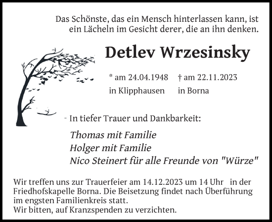 Traueranzeige von Detlev Wrzesinsky von Leipziger Volkszeitung