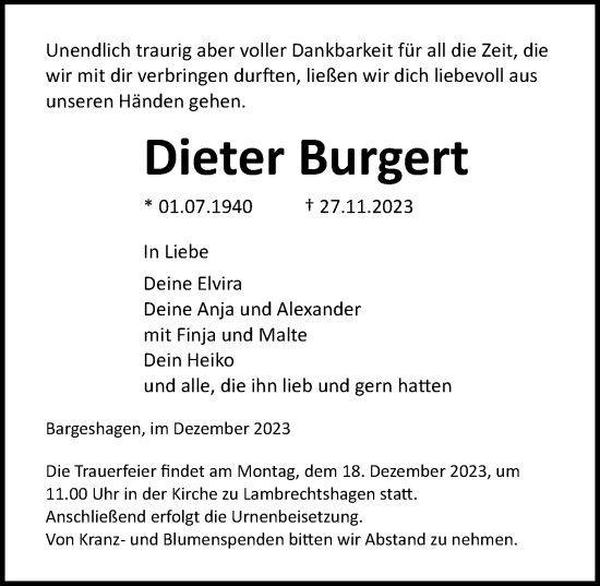 Traueranzeige von Dieter Burgert von Ostsee-Zeitung GmbH