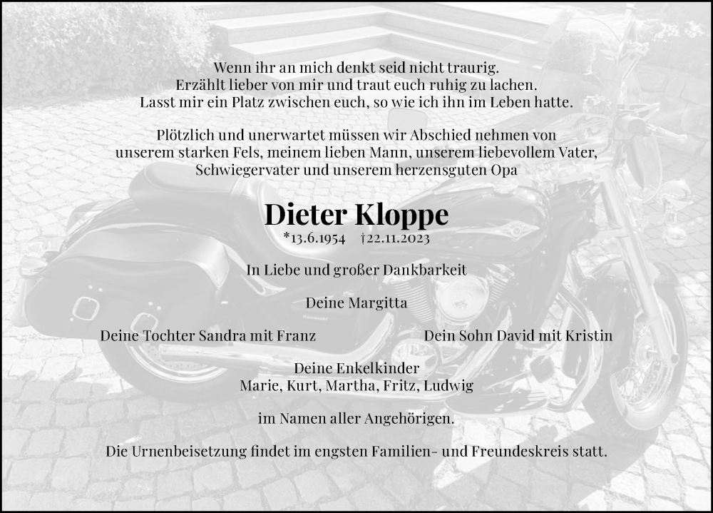  Traueranzeige für Dieter Kloppe vom 02.12.2023 aus Torgauer Zeitung