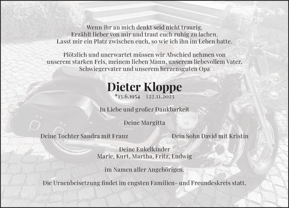  Traueranzeige für Dieter Kloppe vom 02.12.2023 aus Leipziger Volkszeitung