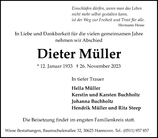 Traueranzeige von Dieter Müller von Hannoversche Allgemeine Zeitung/Neue Presse