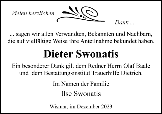 Traueranzeige von Dieter Swonatis von Ostsee-Zeitung GmbH