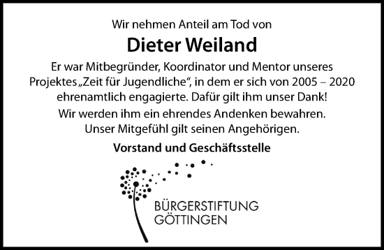 Traueranzeige von Dieter Weiland von Göttinger Tageblatt