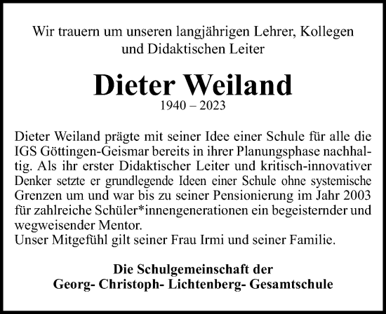 Traueranzeige von Dieter Weiland von Göttinger Tageblatt