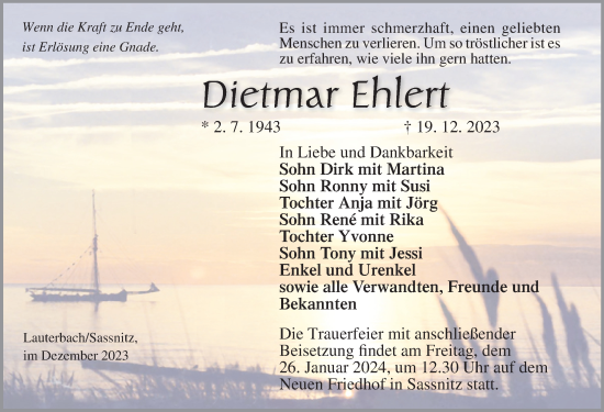 Traueranzeige von Dietmar Ehlert von Ostsee-Zeitung GmbH