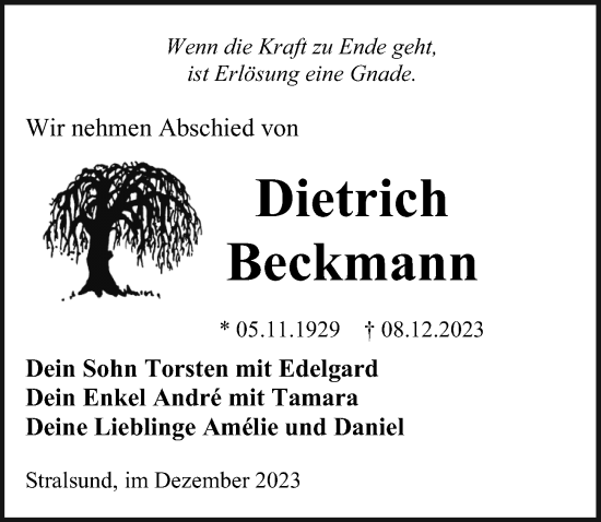 Traueranzeige von Dietrich Beckmann von Ostsee-Zeitung GmbH