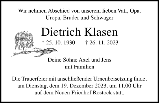Traueranzeige von Dietrich Klasen von Ostsee-Zeitung GmbH