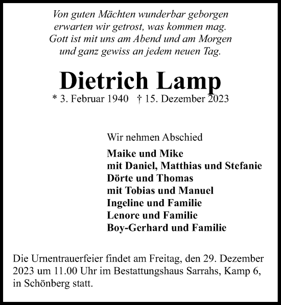 Traueranzeige von Dietrich Lamp von Kieler Nachrichten