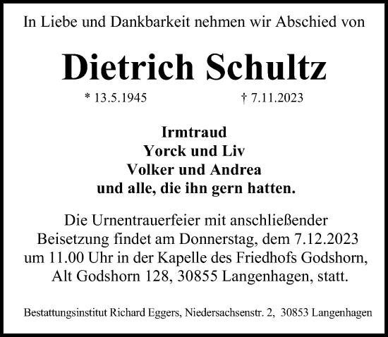 Traueranzeige von Dietrich Schultz von Hannoversche Allgemeine Zeitung/Neue Presse