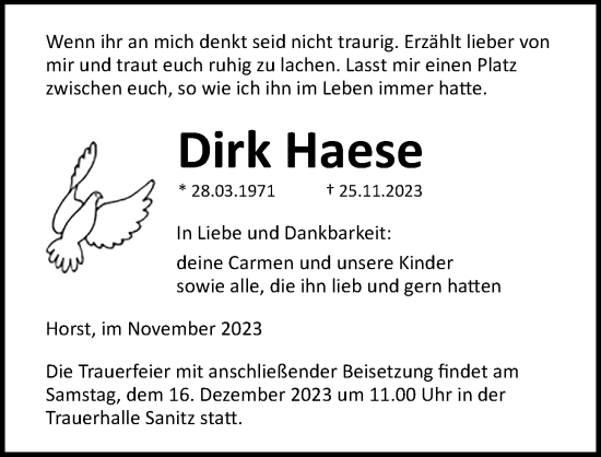 Traueranzeige von Dirk Haese von Ostsee-Zeitung GmbH