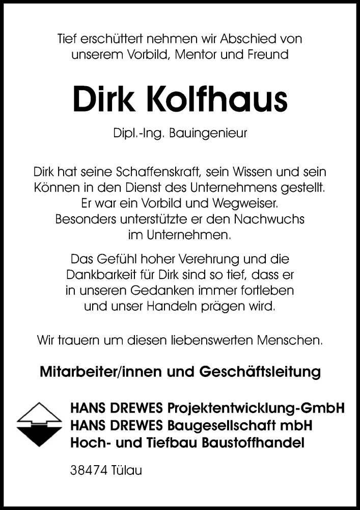  Traueranzeige für Dirk Kolfhaus vom 30.12.2023 aus Aller Zeitung