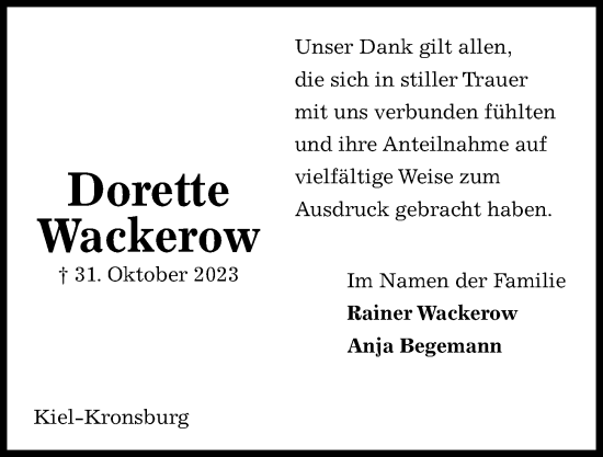 Traueranzeige von Dorette Wackerow von Kieler Nachrichten