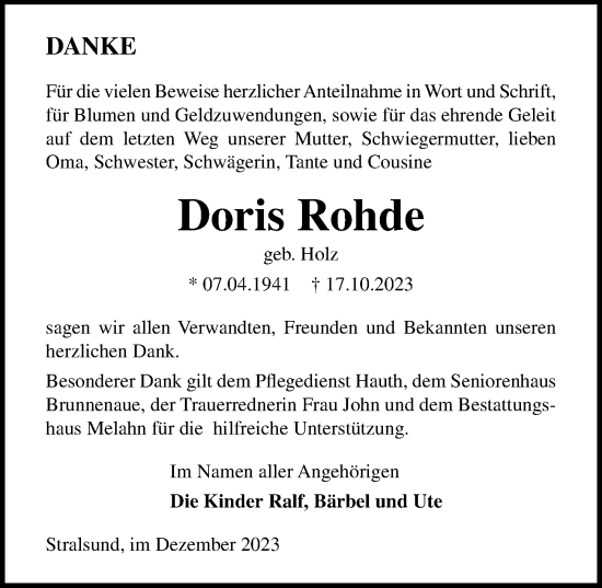 Traueranzeige von Doris Rohde