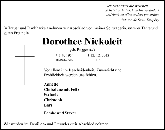 Traueranzeige von Dorothee Nickoleit von Kieler Nachrichten