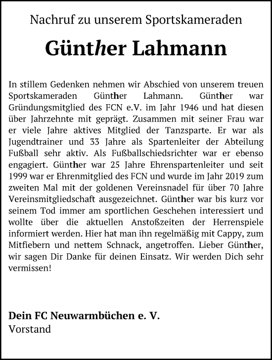 Traueranzeige von Günther Lahmann von Hannover