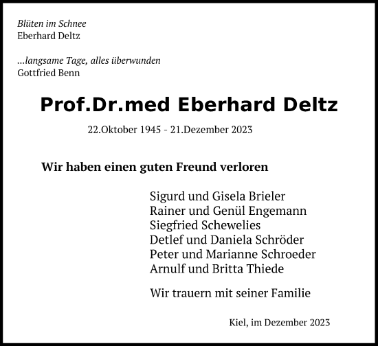 Traueranzeige von Eberhard Deltz von Kieler Nachrichten