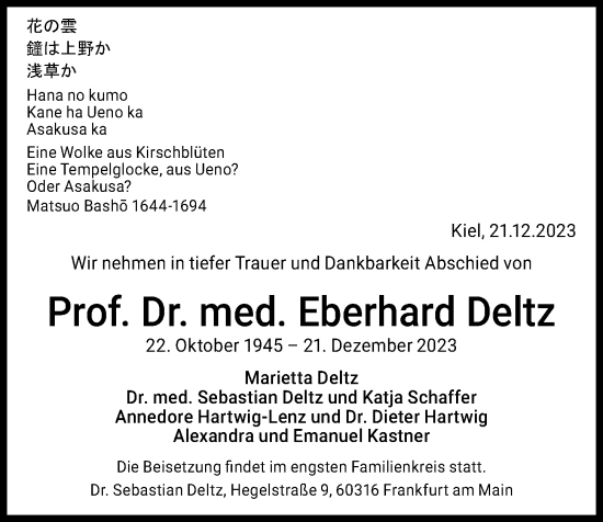 Traueranzeige von Eberhard Deltz von Kieler Nachrichten