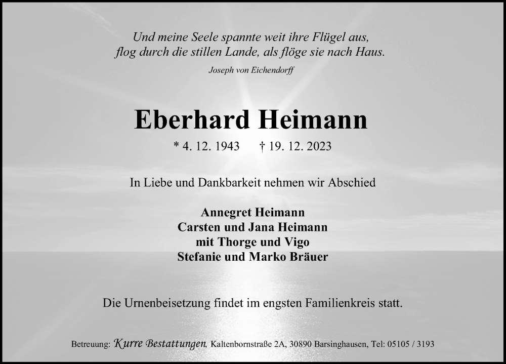  Traueranzeige für Eberhard Heimann vom 30.12.2023 aus Hannoversche Allgemeine Zeitung/Neue Presse