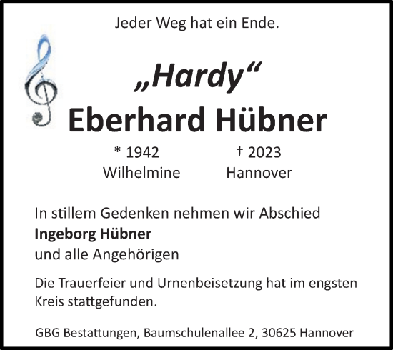Traueranzeige von Eberhard Hübner von Hannoversche Allgemeine Zeitung/Neue Presse