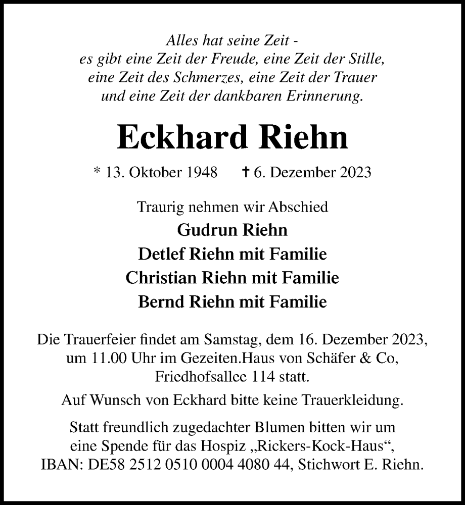  Traueranzeige für Eckhard Riehn vom 10.12.2023 aus Lübecker Nachrichten